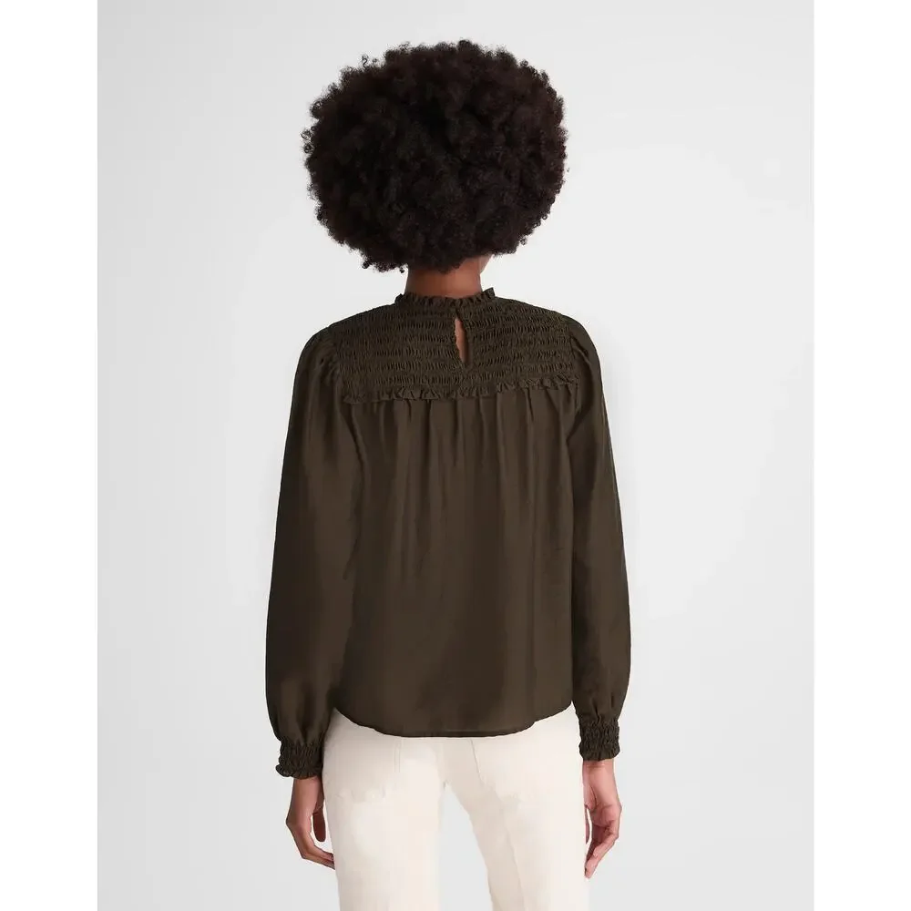 Madewell Smocked High-Neck Long-Sleeve Blouse Top Midnight Olive Womens Small